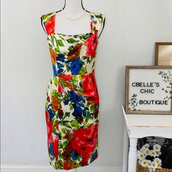 David Meister Dresses & Skirts - David Meister Ivory Floral Silk Sheath Dress Sz 8